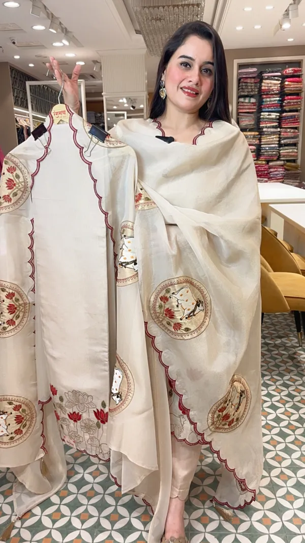 Beige_Tissue_Organza_Pichwai-Inspired_Unstitched_Suit_Set