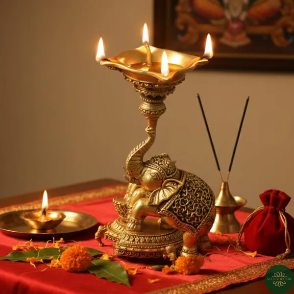 Rahadecor_Golden_Brass_Elephant_Diya_Stand_with_Peacock_-_Traditional_Dancing_Elephant_Oil_Lamp_-_14cm_Height_Weight-320grams