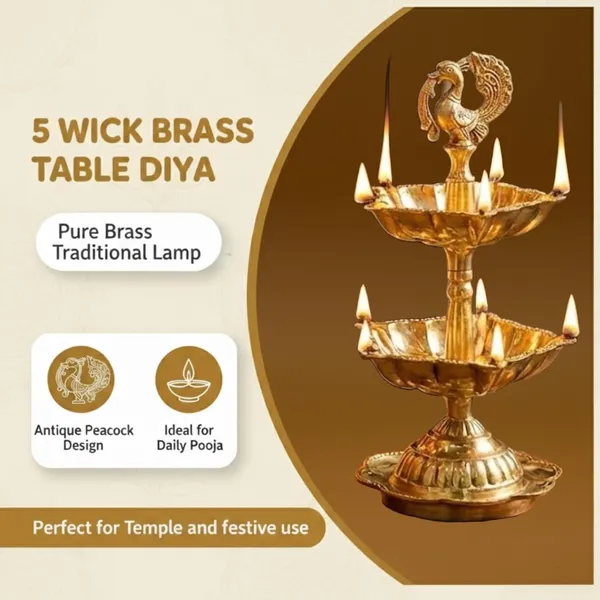 Peacock_Diya_5_Wick_Brass_Oil_Lamp_for_Home_Mandir_|_Peacock_Design_Kuthu_Vilakku_for_Diwali_Decoration_&_Gifting_|_Traditional_Brass_Deepak_|_15.5_cm_Height_240g