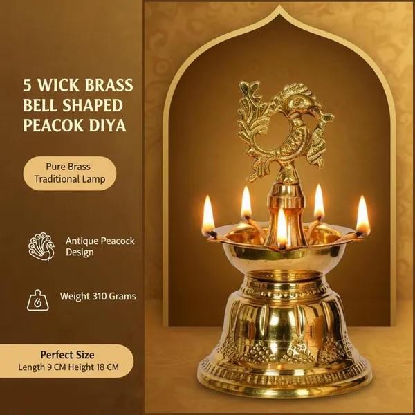 Brass_Bell_Shaped_Peacock_Diya_5_Wick_|_Engraved_Brass_Oil_Lamp_for_Diwali_Puja_Inauguration_Housewarming_Gift_|_Height_18_cm