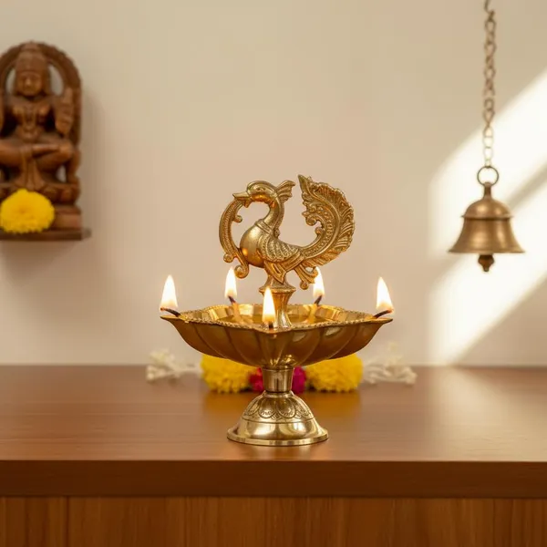 Peacock_Diya_5_Wick_Brass_Oil_Lamp_for_Home_Mandir_|_Peacock_Design_Kuthu_Vilakku_for_Diwali_Decoration_&_Gifting_|_Traditional_Brass_Deepak_|_8_cm_Height_65_g
