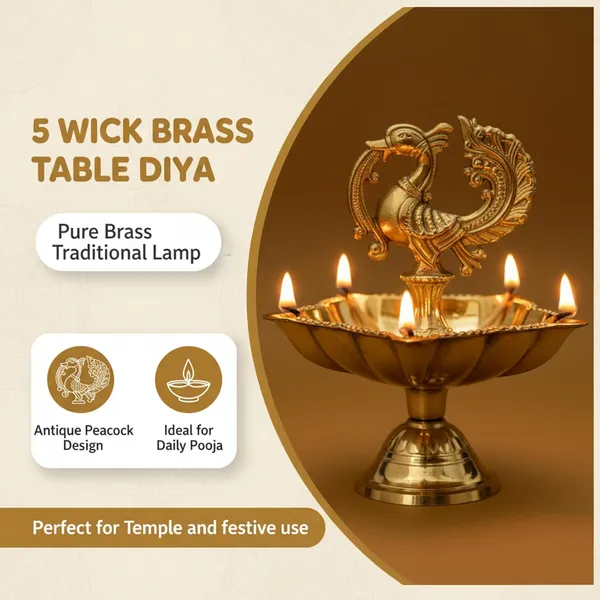 Peacock_Diya_5_Wick_Brass_Oil_Lamp_for_Home_Mandir_|_Peacock_Design_Kuthu_Vilakku_for_Diwali_Decoration_&_Gifting_|_Traditional_Brass_Deepak_|_8_cm_Height_65_g