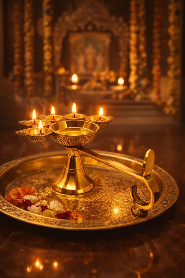 Golden_Handcrafted_Brass_Panch_Aarti_Diya_5-Wick_Pooja_Lamp_With_Handle_Traditional_Indian_Puja_Accessory