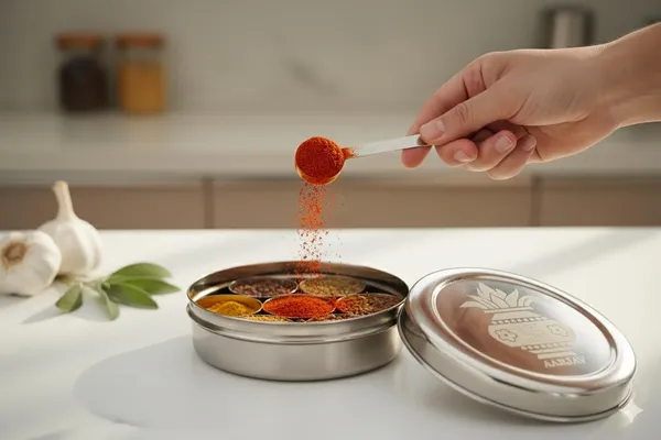 Rahadecor_Stainless_Steel_Masala_Dabba,_Traditional_Indian_Spice_Box_with_7_Compartments,_Decorative_Etched_Lid,_Round_Storage_Container_for_Kitchen_Organization