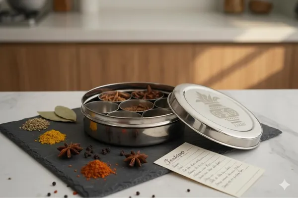 Rahadecor_Stainless_Steel_Masala_Dabba,_Traditional_Indian_Spice_Box_with_7_Compartments,_Decorative_Etched_Lid,_Round_Storage_Container_for_Kitchen_Organization