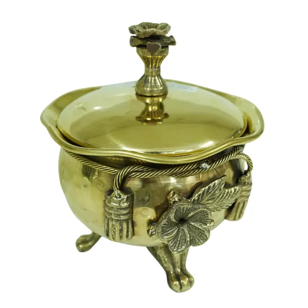 Golden_Pure_Brass_Ribbon_Bow_Design_Polished_Handi/Casserole_With_Designer_Lid_And_3_Legs,_Serveware,_Volume_-_250Ml