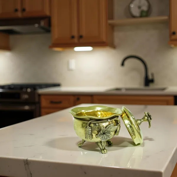 Golden_Pure_Brass_Ribbon_Bow_Design_Polished_Handi/Casserole_With_Designer_Lid_And_3_Legs,_Serveware,_Volume_-_250Ml