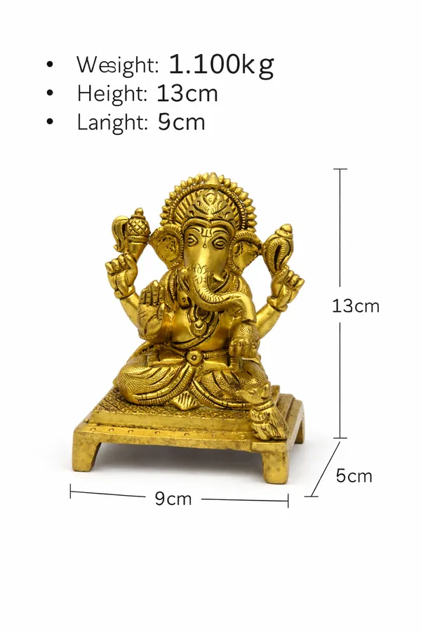 Handcrafted_Brass_Lord_Ganesha_Idol_for_Home_&_Office_||_Weight:_1.100kg__Height:13cm__Length:9cm__Width:5cm