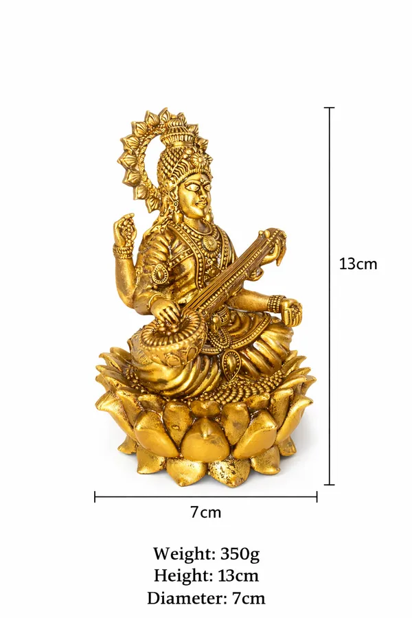 Handcrafted_Brass_Saraswati_Ji_Idol_on_Lotus_|_Goddess_of_Knowledge_&_Wisdom_||_Height:_13cm__Diameter/Base:_7cm__Weight:_350g