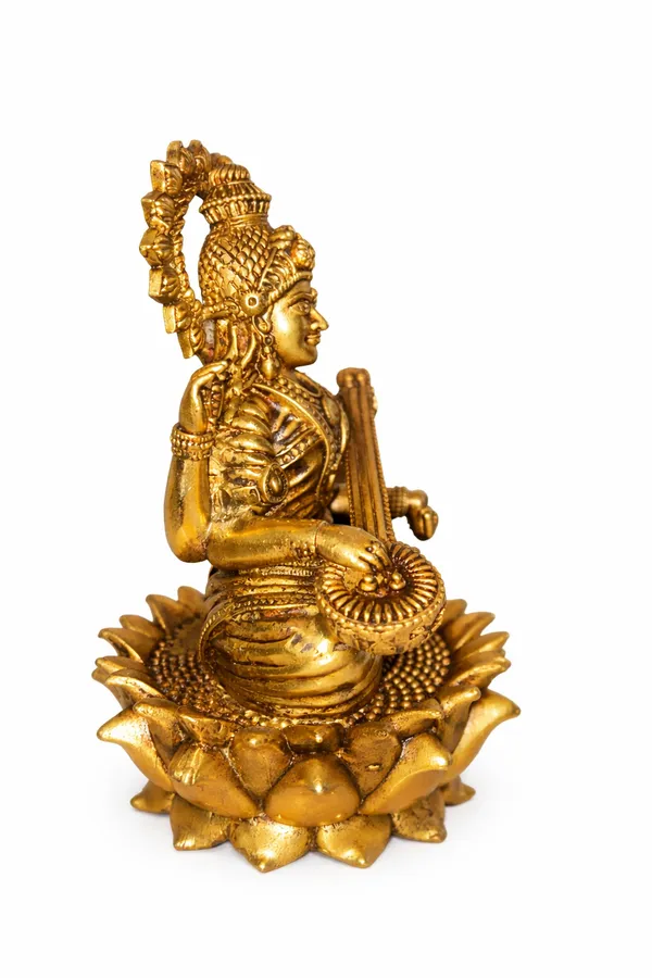 Handcrafted_Brass_Saraswati_Ji_Idol_on_Lotus_|_Goddess_of_Knowledge_&_Wisdom_||_Height:_13cm__Diameter/Base:_7cm__Weight:_350g