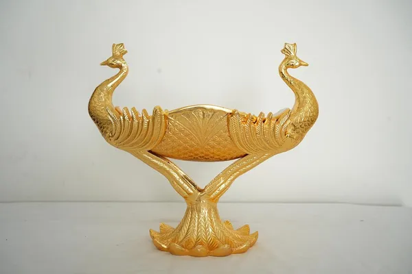 Golden_Double_Peacock_Brass_Serving_Tray,_Decorative_Multipurpose,_Antique_Finish,_30X30X17_Cm,_Traditional_Style,_For_Snacks_And_Fruits