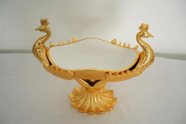 Golden_Double_Peacock_Brass_Serving_Tray,_Decorative_Multipurpose,_Antique_Finish,_30X30X17_Cm,_Traditional_Style,_For_Snacks_And_Fruits
