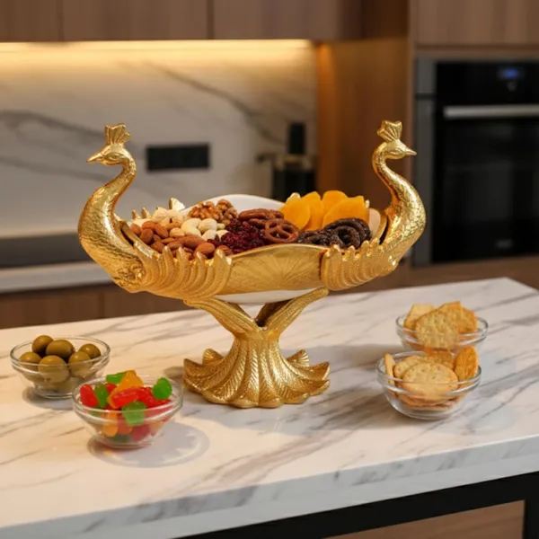 Golden_Double_Peacock_Brass_Serving_Tray,_Decorative_Multipurpose,_Antique_Finish,_30X30X17_Cm,_Traditional_Style,_For_Snacks_And_Fruits
