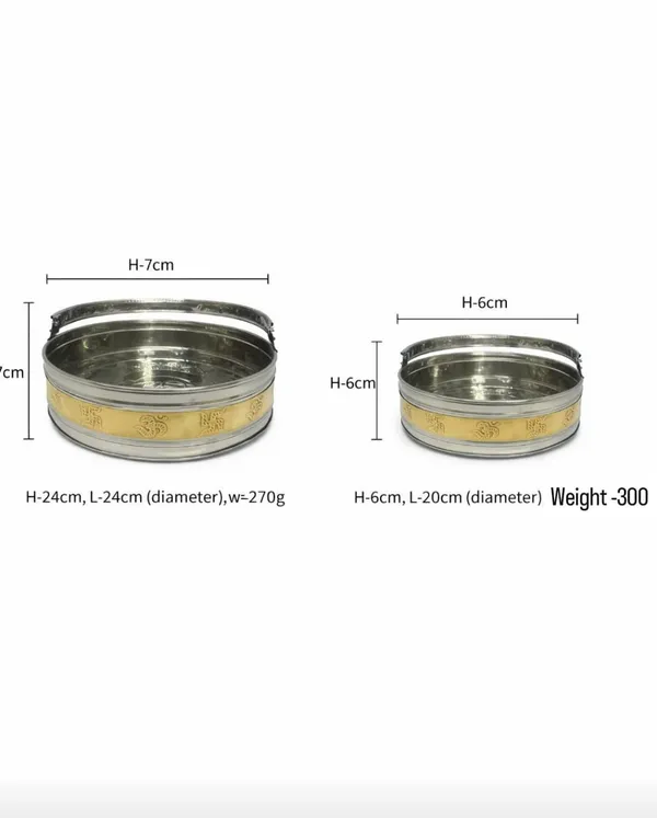 Stainless_Steel_Pooja_Dalia_with_Brass_Finish_Band_|_Large_Bowl:_Diameter:_24_cm,_Weight:_270g||_Medium_Bowl:Diameter:_20_cm,_Weight:_200_g