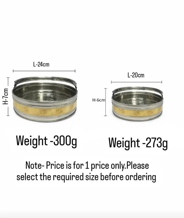 Stainless_Steel_Pooja_Dalia_with_Brass_Finish_Band_|_Large_Bowl:_Diameter:_24_cm,_Weight:_270g||_Medium_Bowl:Diameter:_20_cm,_Weight:_200_g