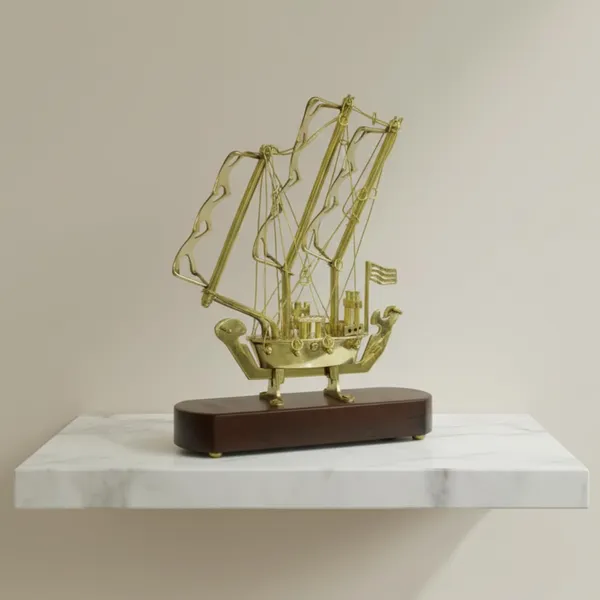 Golden_Brass_Ship_Showpiece_With_Wooden_Base_For_Home_Decor_&_Gifting_700G,_H-25Cm,_W-17Cm