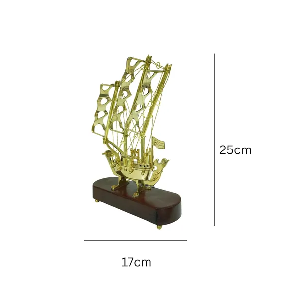 Golden_Brass_Ship_Showpiece_With_Wooden_Base_For_Home_Decor_&_Gifting_700G,_H-25Cm,_W-17Cm