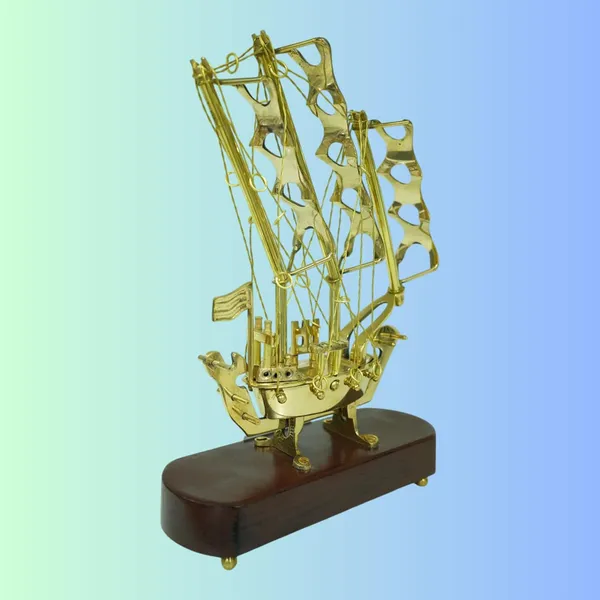 Golden_Brass_Ship_Showpiece_With_Wooden_Base_For_Home_Decor_&_Gifting_700G,_H-25Cm,_W-17Cm