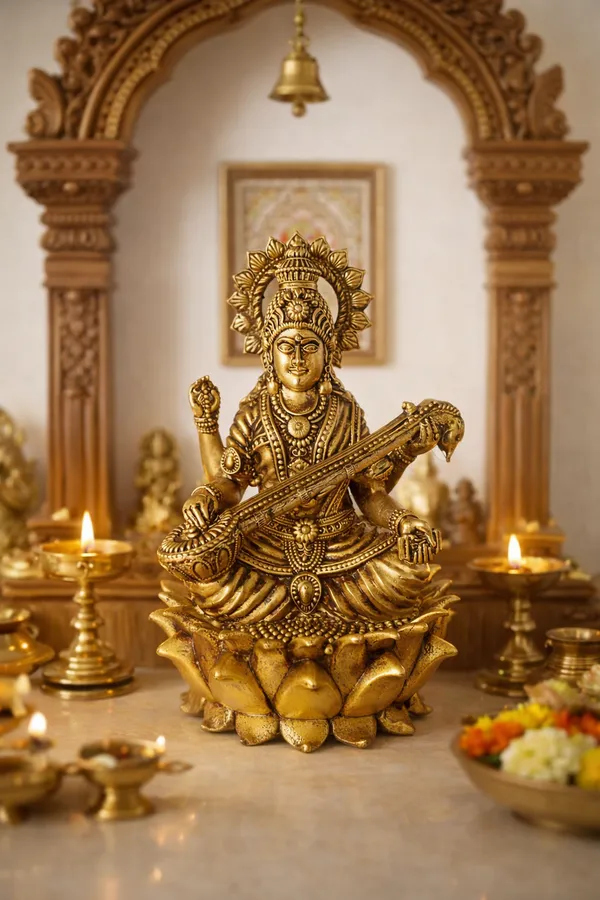 Handcrafted_Brass_Saraswati_Ji_Idol_on_Lotus_|_Goddess_of_Knowledge_&_Wisdom_||_Height:_13cm__Diameter/Base:_7cm__Weight:_350g