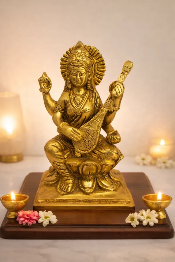 Veena_Vadini_Saraswati_–_Sacred_Wisdom_Brass_Idol_||_Height:_17_cm__Length:_10_cm__Width:_5_cm__Weight:_1.5_kg