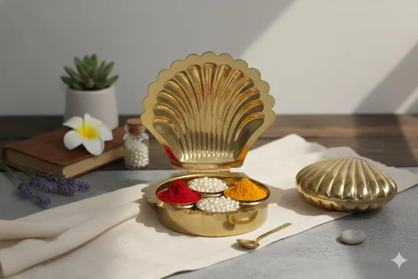 Golden_Decorative_Brass_Shell_Kumkum_Box,_3-Compartment_Sindoor_Holder,_Traditional_Pooja_Accessory_|_H-3cm,L-13cm,Weight-140g