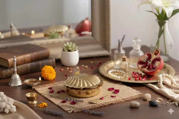 Golden_Decorative_Brass_Shell_Kumkum_Box,_3-Compartment_Sindoor_Holder,_Traditional_Pooja_Accessory_|_H-3cm,L-13cm,Weight-140g