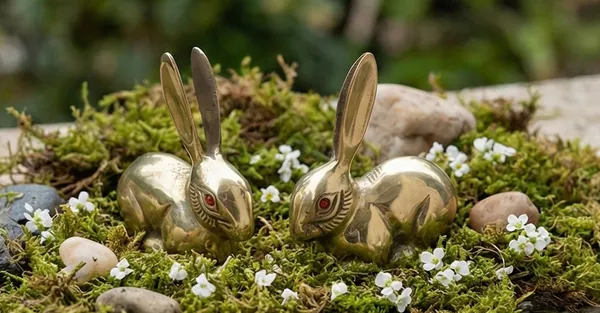 Brass_Rabbit_Figurines_Set_of_2,_Gold_Finish,_Decorative_Bunny_Statues_with_Red_Eyes,_Home_Decor_Accents