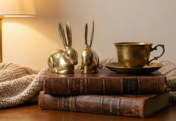 Brass_Rabbit_Figurines_Set_of_2,_Gold_Finish,_Decorative_Bunny_Statues_with_Red_Eyes,_Home_Decor_Accents