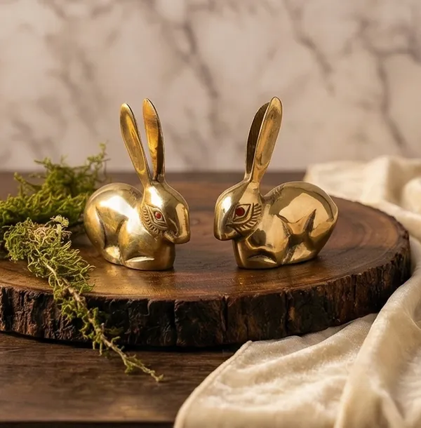 Brass_Rabbit_Figurines_Set_of_2,_Gold_Finish,_Decorative_Bunny_Statues_with_Red_Eyes,_Home_Decor_Accents