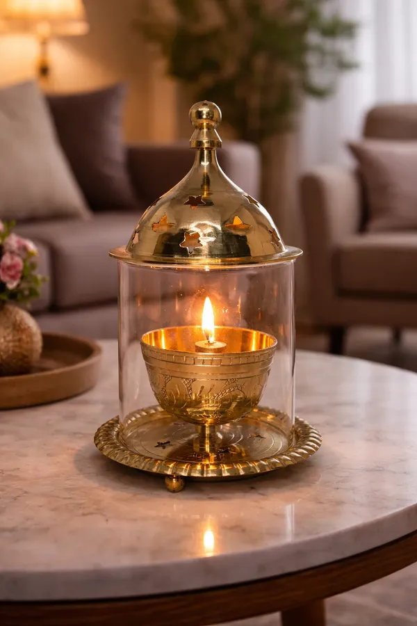 Akhand_Diya_crafted_from_pure_brass_and_clear_glass_||_Height-10cm,_Diameter-5cm,_Weight-110g