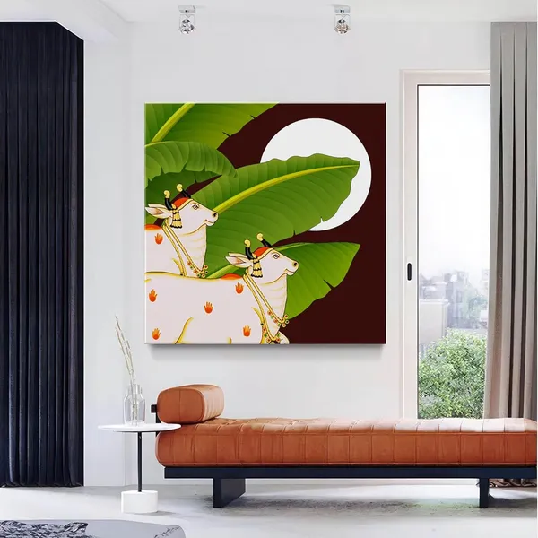 Traditional_Indian_Cow_Art_Print_-_Decorative_White_Cows_with_Lush_Green_Leaves_and_Full_Moon_for_Vibrant_Home_Décor
