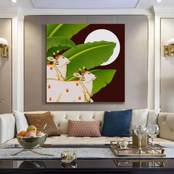 Traditional_Indian_Cow_Art_Print_-_Decorative_White_Cows_with_Lush_Green_Leaves_and_Full_Moon_for_Vibrant_Home_Décor