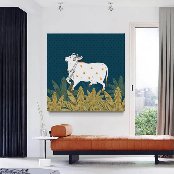 Traditional_Indian_Cow_Art_Print_-_Decorative_White_Cow_with_Gold_Foliage_on_Deep_Blue_Background_for_Elegant_Home_Décor