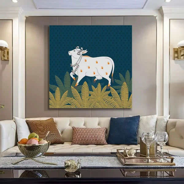 Traditional_Indian_Cow_Art_Print_-_Decorative_White_Cow_with_Gold_Foliage_on_Deep_Blue_Background_for_Elegant_Home_Décor
