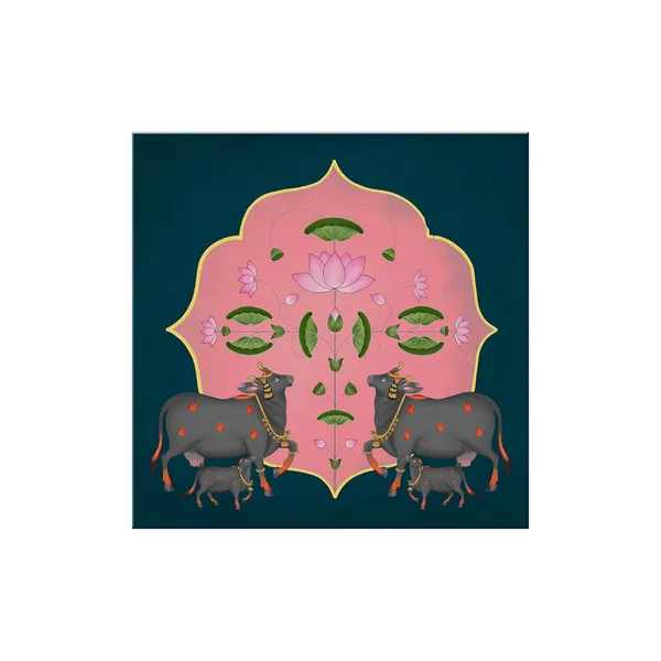 Symmetrical_Cow_and_Lotus_Flower_Art_Print_-_Decorative_Traditional_Painting_with_Bold_Color_Palette_and_Elegant_Gold_Accents
