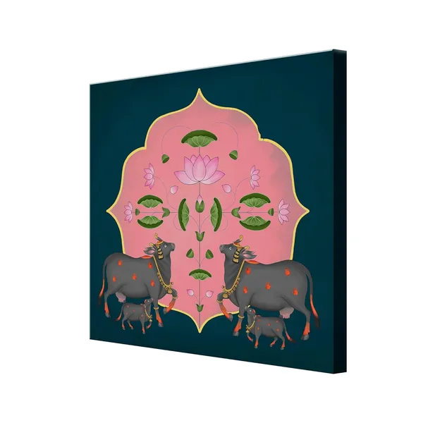 Symmetrical_Cow_and_Lotus_Flower_Art_Print_-_Decorative_Traditional_Painting_with_Bold_Color_Palette_and_Elegant_Gold_Accents