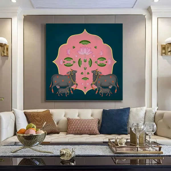 Symmetrical_Cow_and_Lotus_Flower_Art_Print_-_Decorative_Traditional_Painting_with_Bold_Color_Palette_and_Elegant_Gold_Accents