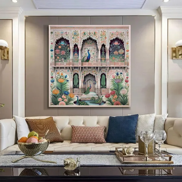 Traditional_Indian_Architectural_Art_Print_-_Intricate_Floral_Patterns_and_Elegant_Peacocks_on_Vibrant_Façade
