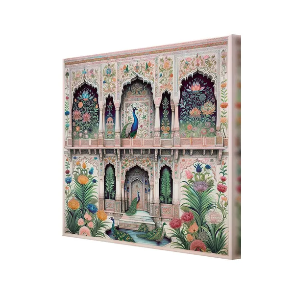 Traditional_Indian_Architectural_Art_Print_-_Intricate_Floral_Patterns_and_Elegant_Peacocks_on_Vibrant_Façade