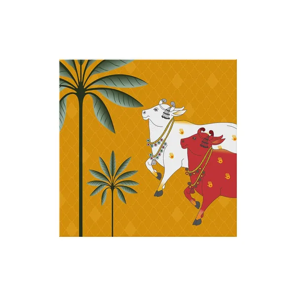 Traditional_Indian_Cow_pichwai_Art_Print_-_Colorful_White_and_Red_Cows_with_Palm_Trees_on_Golden_Background