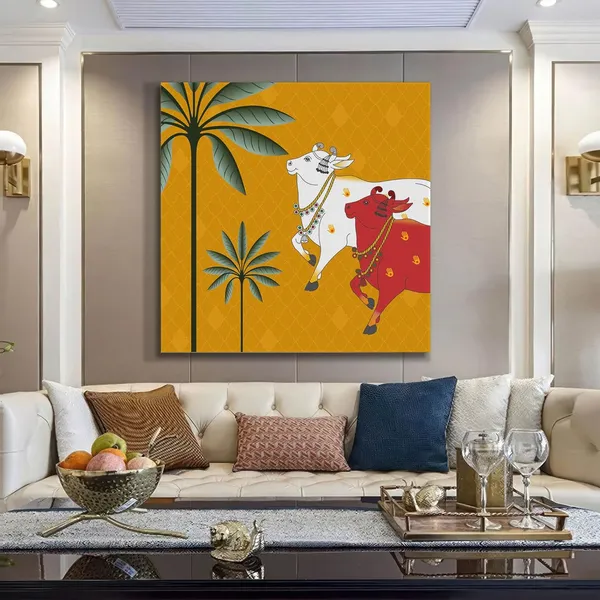 Traditional_Indian_Cow_pichwai_Art_Print_-_Colorful_White_and_Red_Cows_with_Palm_Trees_on_Golden_Background