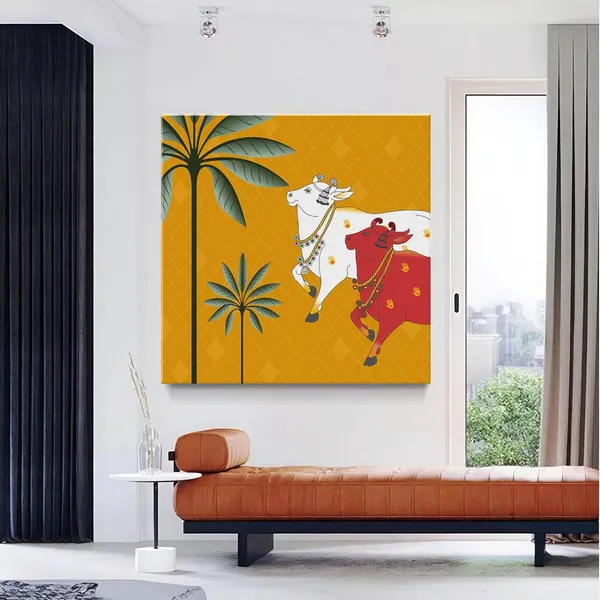 Traditional_Indian_Cow_pichwai_Art_Print_-_Colorful_White_and_Red_Cows_with_Palm_Trees_on_Golden_Background