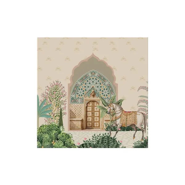 Traditional_Indian_Courtyard_Art_Print_-_Ornate_Entrance_with_Lush_Greenery_and_Elegantly_Adorned_Horse