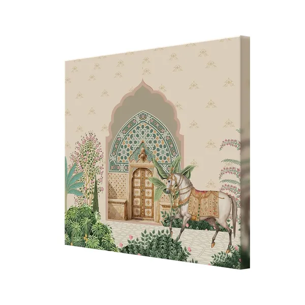 Traditional_Indian_Courtyard_Art_Print_-_Ornate_Entrance_with_Lush_Greenery_and_Elegantly_Adorned_Horse