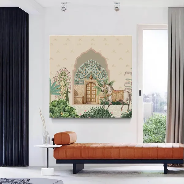 Traditional_Indian_Courtyard_Art_Print_-_Ornate_Entrance_with_Lush_Greenery_and_Elegantly_Adorned_Horse