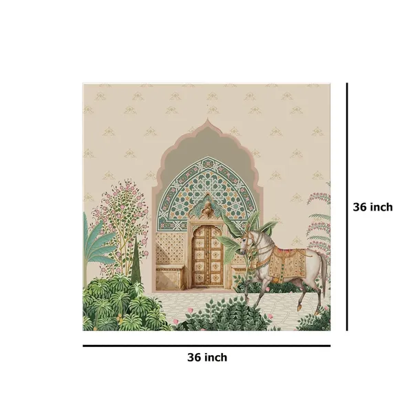 Traditional_Indian_Courtyard_Art_Print_-_Ornate_Entrance_with_Lush_Greenery_and_Elegantly_Adorned_Horse