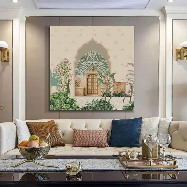 Traditional_Indian_Courtyard_Art_Print_-_Ornate_Entrance_with_Lush_Greenery_and_Elegantly_Adorned_Horse