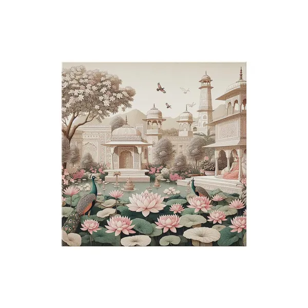 Traditional_Indian_Garden_Art_Print_-_Serene_Lotus_Pond_and_Elegant_Architecture_with_Peacocks_for_Tranquil_Home_Décor
