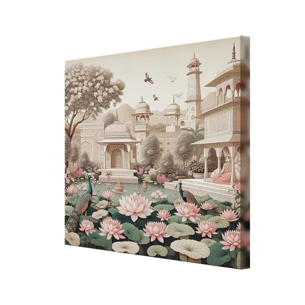 Traditional_Indian_Garden_Art_Print_-_Serene_Lotus_Pond_and_Elegant_Architecture_with_Peacocks_for_Tranquil_Home_Décor