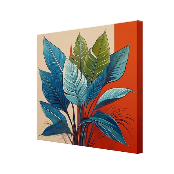 Modern_Botanical_Art_Print_-_Blue_and_Green_Leaves_on_Red_and_Beige_Background_for_Contemporary_Home_Décor